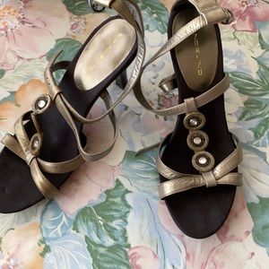 Metallic silvery gray strappy heels
